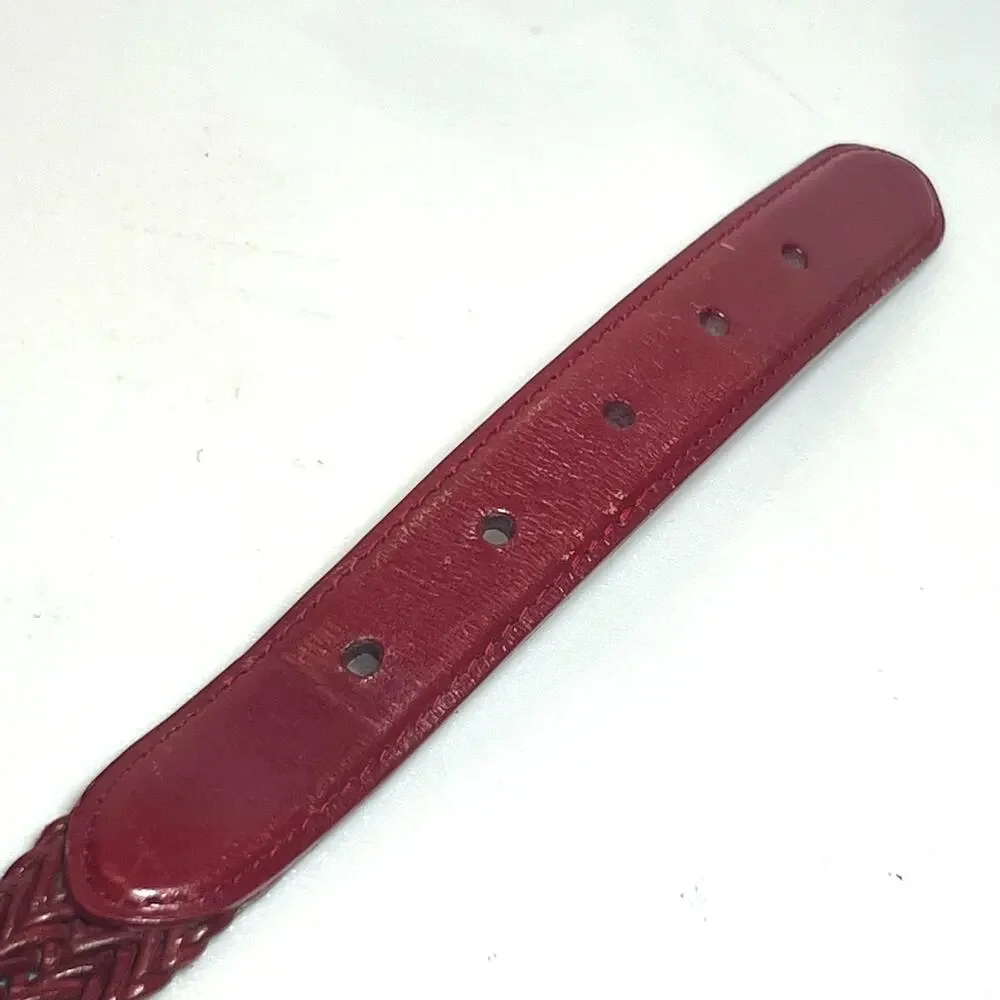 Lands End Leather Braided Skinny Belt Size Small Classic Red Woven Brass Buckle